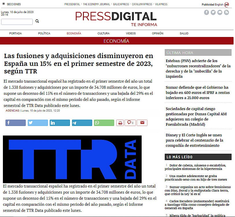 Las fusiones y adquisiciones disminuyeron en Espaa un 15% en el primer semestre de 2023, segn TTR